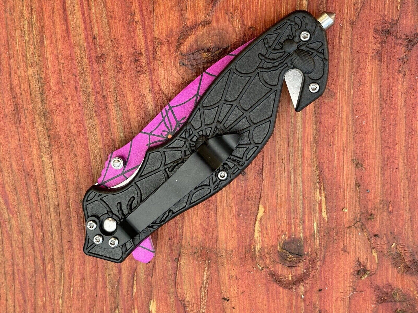 Pink Pocket Knife Tanto Spider Web Window Punch Seat Belt Cutter Assisted Sharp