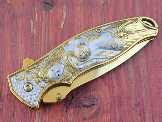 Mermaid Pocket Knife Full Size 3D Metal Handle Sharp Gold Spring Assist Clip