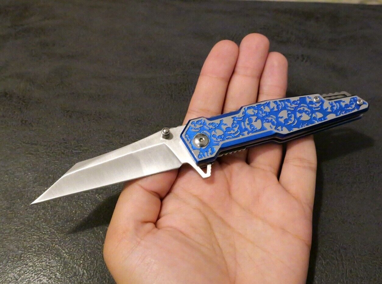 Blue Pocket Knife 8” Overall Size M Wharncliffe Blade Full Metal Skulls Assist