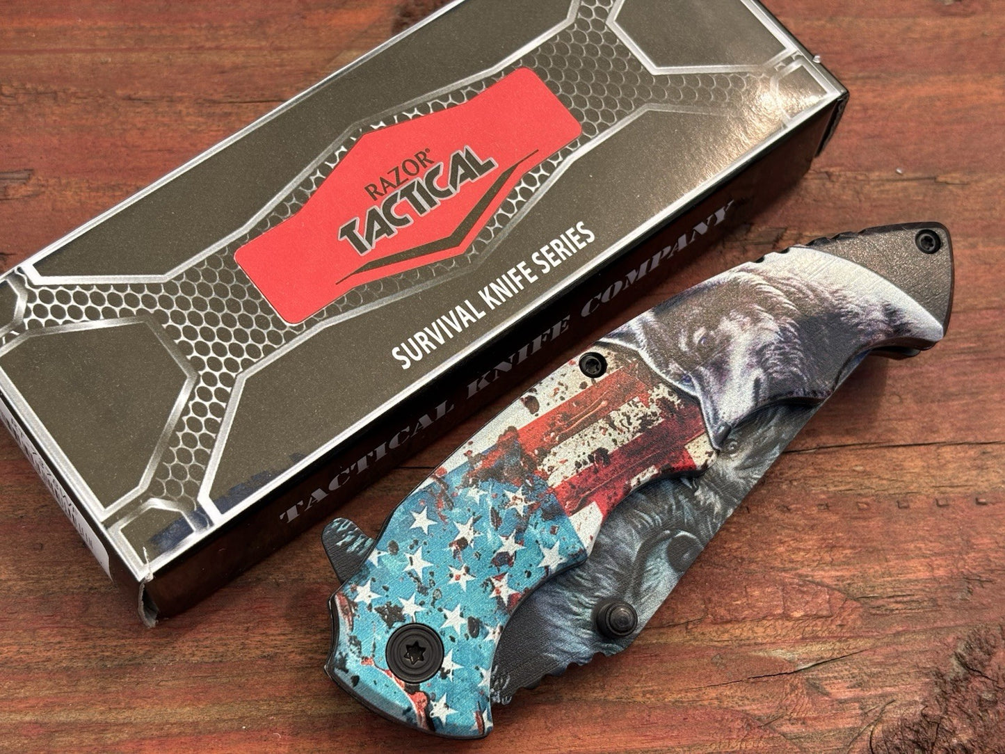 USA Wolf America Flag Pocket Knife Fierce Spring Assist Patriot Redneck Country