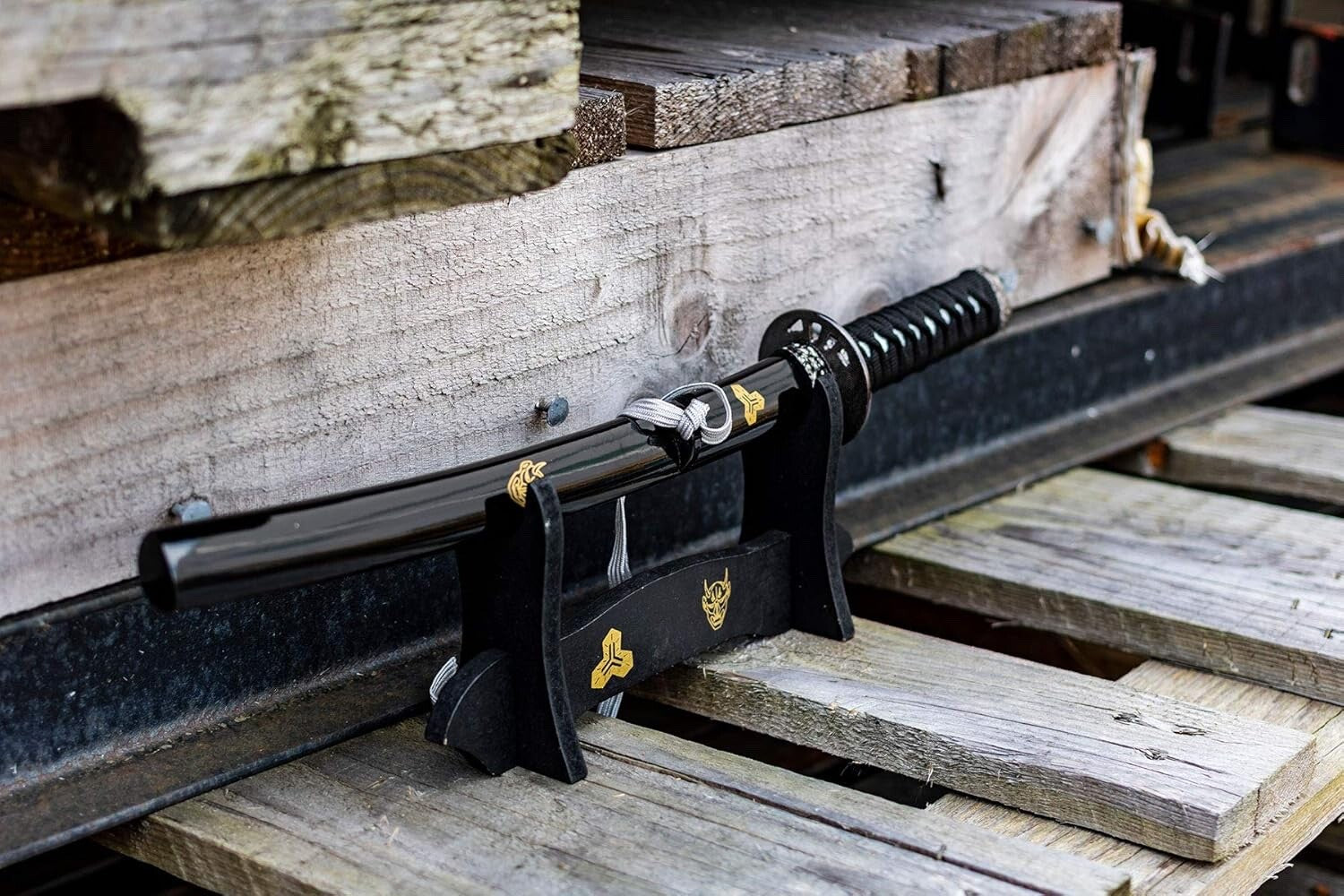 17" Mini Katana Samurai Sword With Wood Stand Black Gold Small Letter Opener