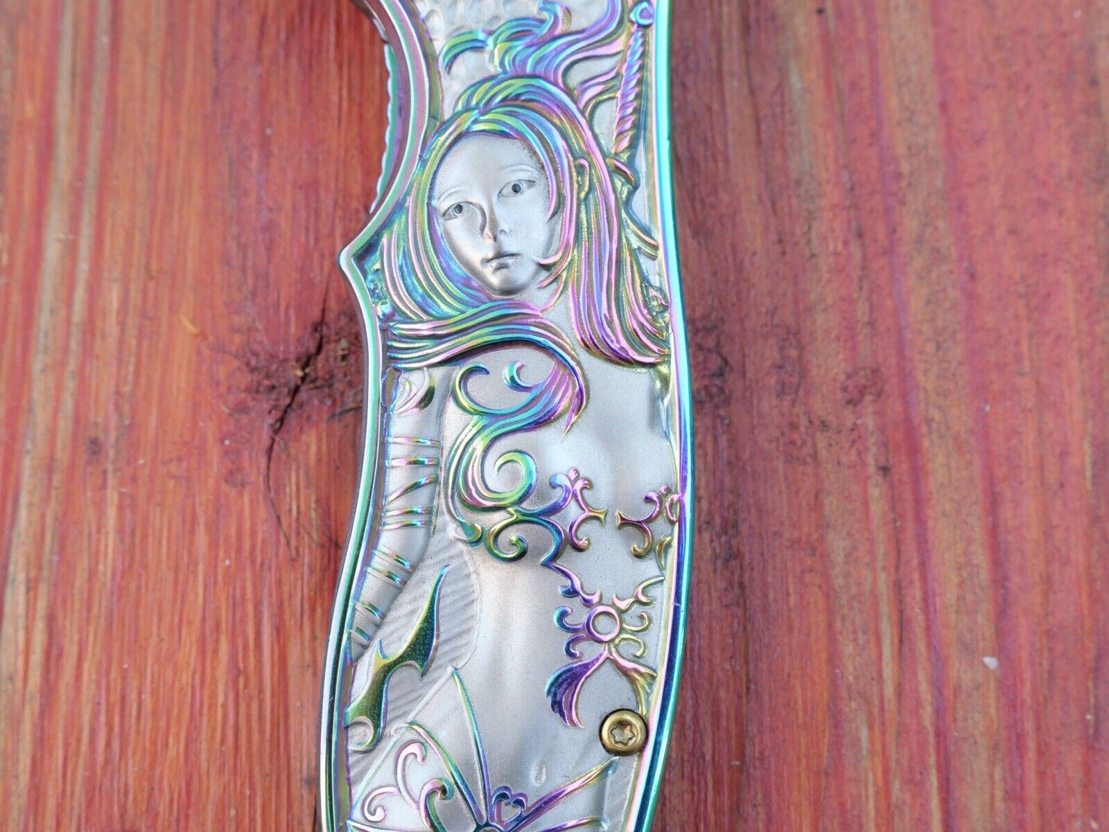 Mermaid Pocket Knife Full Size 3D Metal Handle Sharp TI Coated Spring Assist Edc