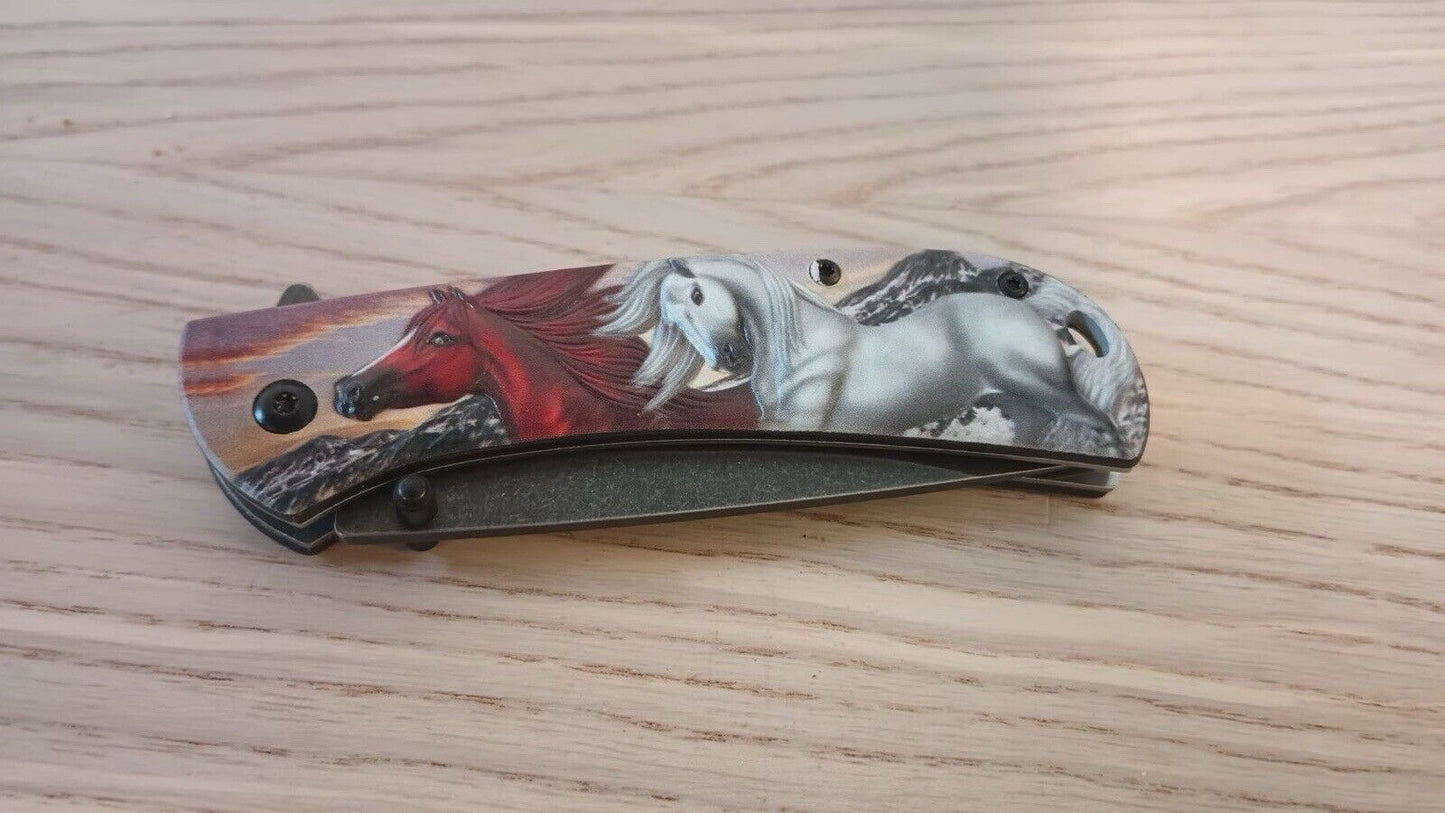 Horse Pocket Knife Full Size Equestrian Stonewashed Blade Collectible Pony Clip