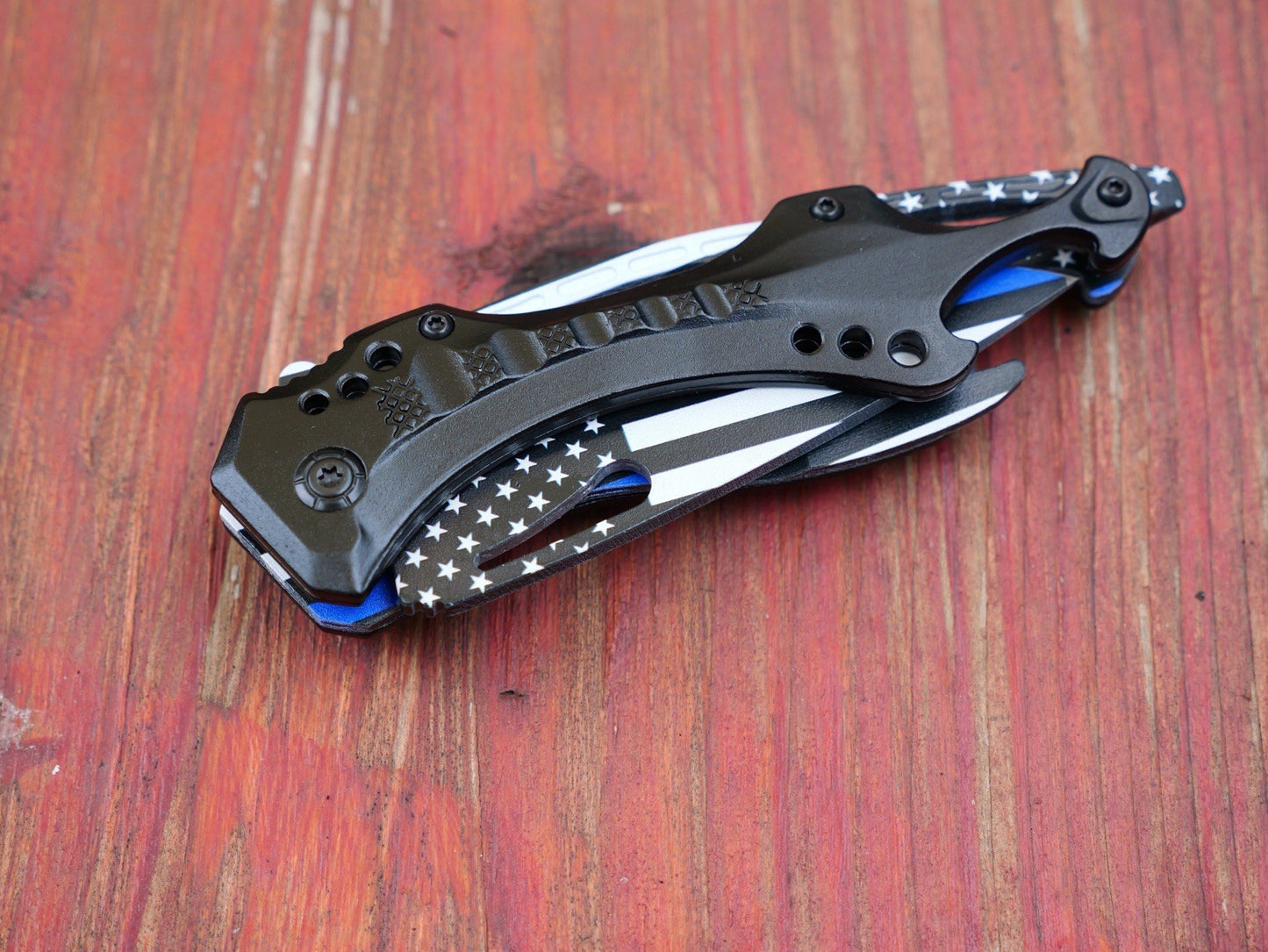 Full Size Pocket Knife Spring Assist Police Back The Blue Thin Blue Line Us Flag
