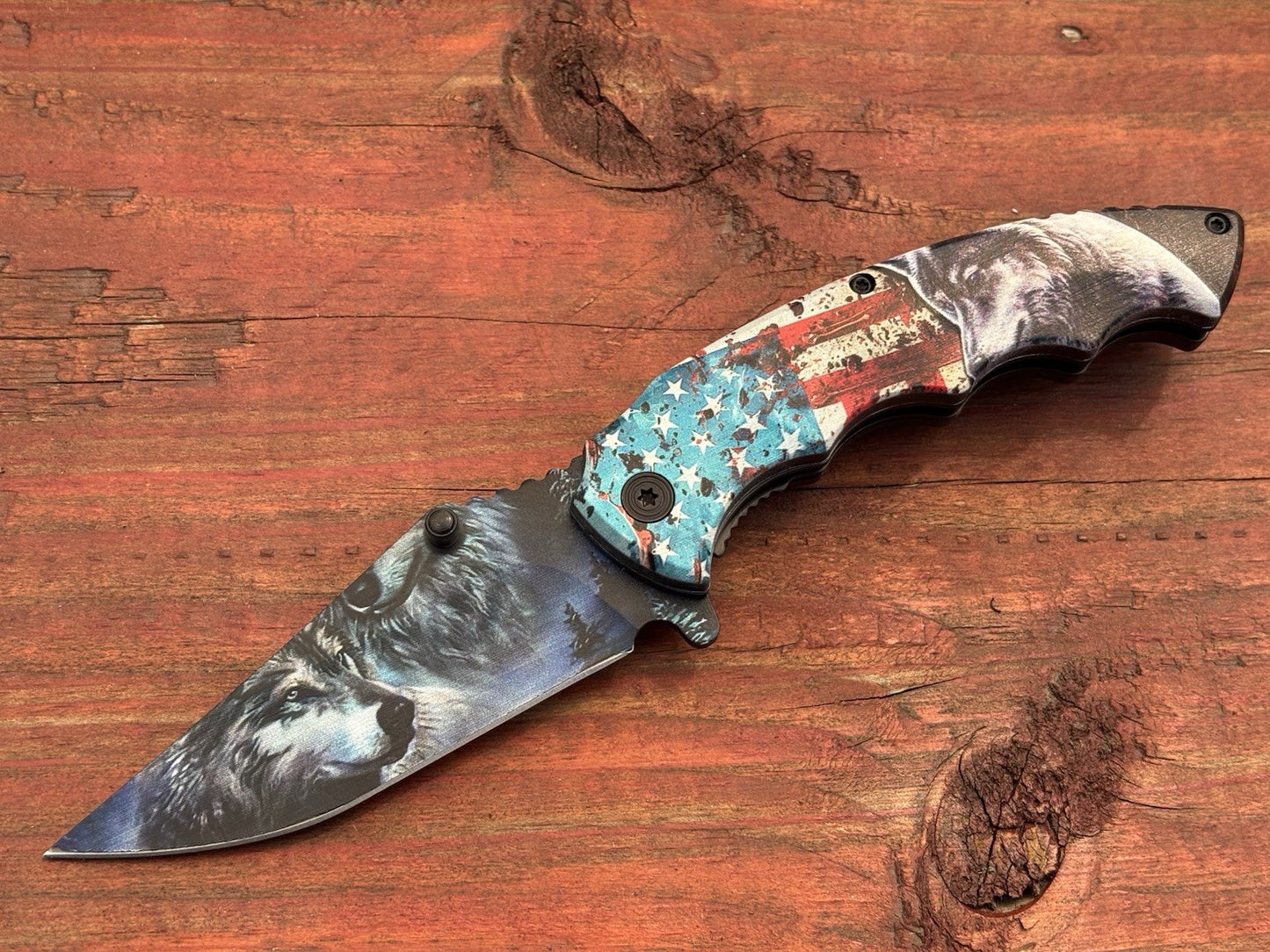 USA Wolf America Flag Pocket Knife Fierce Spring Assist Patriot Redneck Country