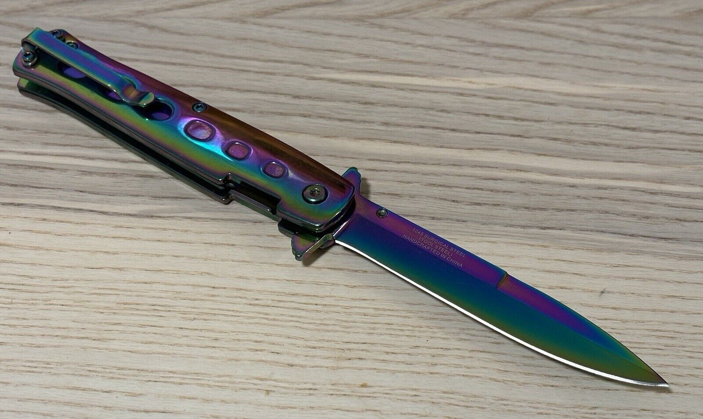 9” Full Size Pocket Knife Spring Assist Milano Metal Handle Spear Point Ti Color