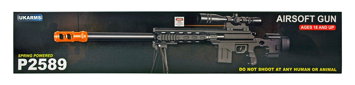 UKARMS P2589 Spring Powered Airsoft Sniper Rifle w/ Scope & Bipod - Black 38"