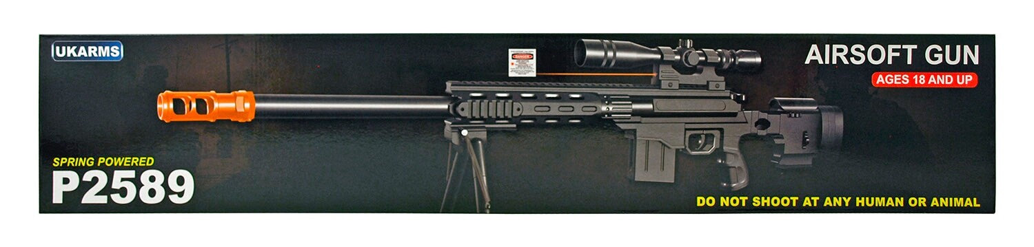 UKARMS P2589 Spring Powered Airsoft Sniper Rifle w/ Scope & Bipod - Black 38"