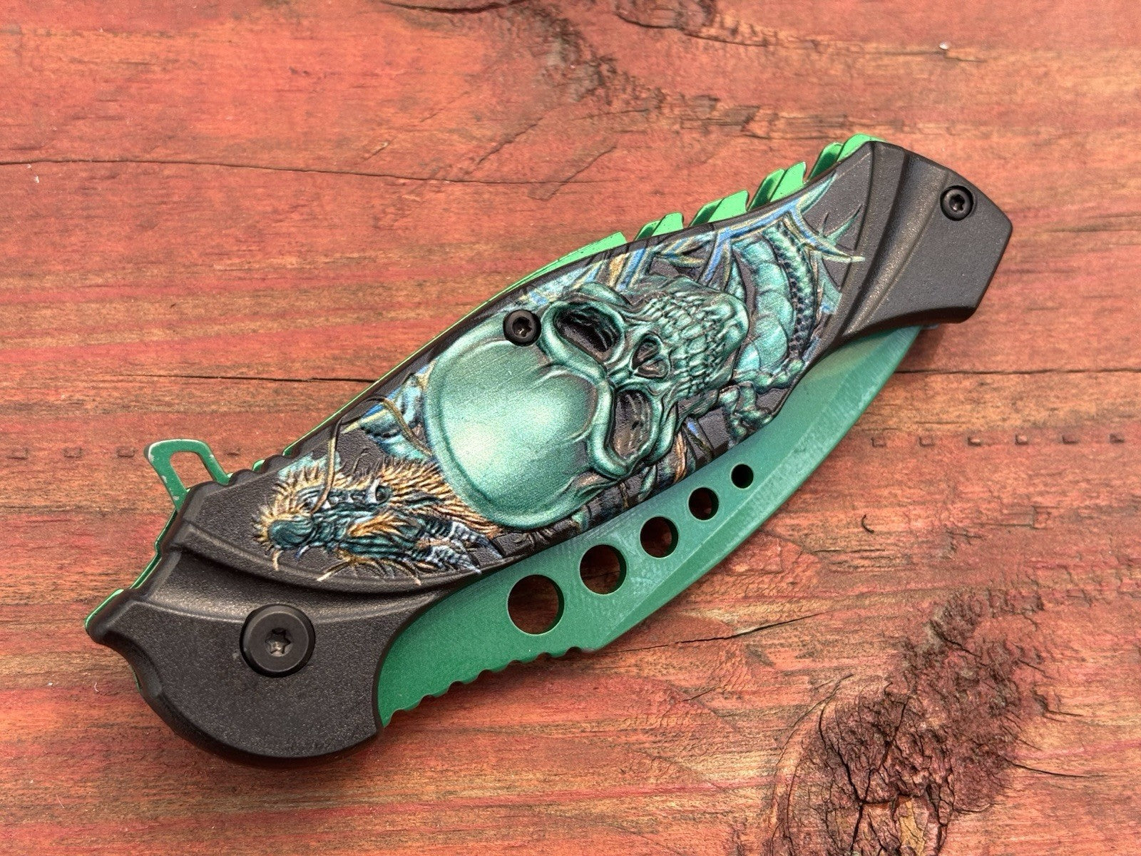 Skull Pocket Knife Green Spring Assist Full Size Unique Design Fantasy belt clip