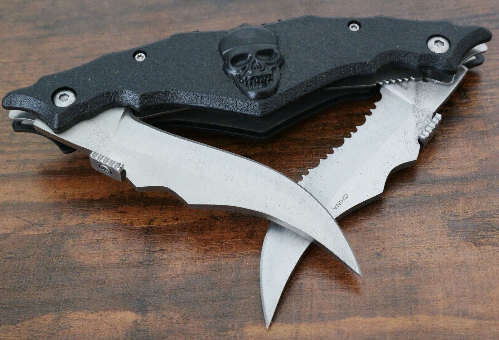 5” Skull Pocket Knife Dual Blades Black Pocket Clip Sharp 440 Stainless Tactical