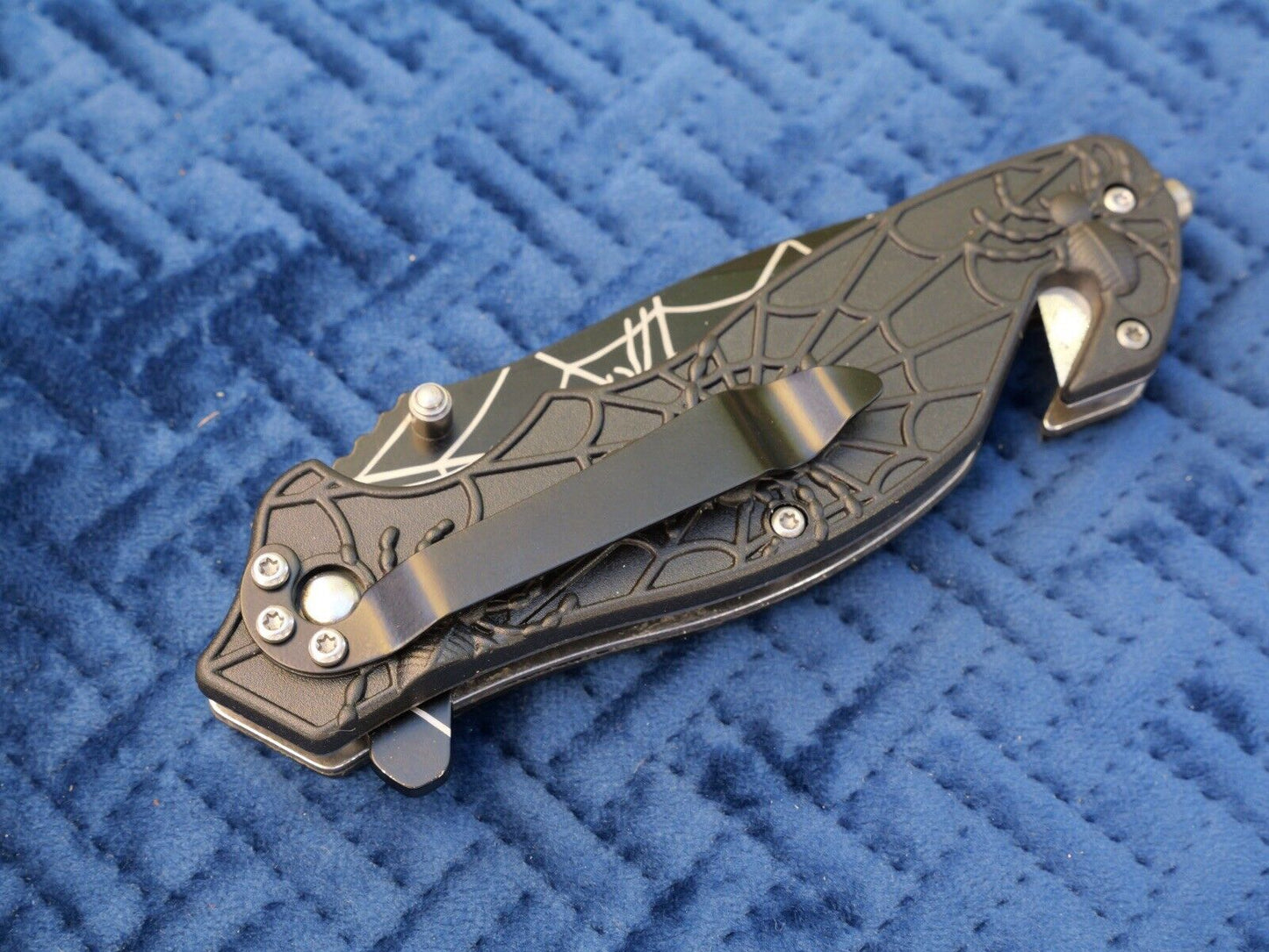 Black Pocket Knife Tanto Spider Web Window Punch Seat Belt Cutter Assisted Sharp
