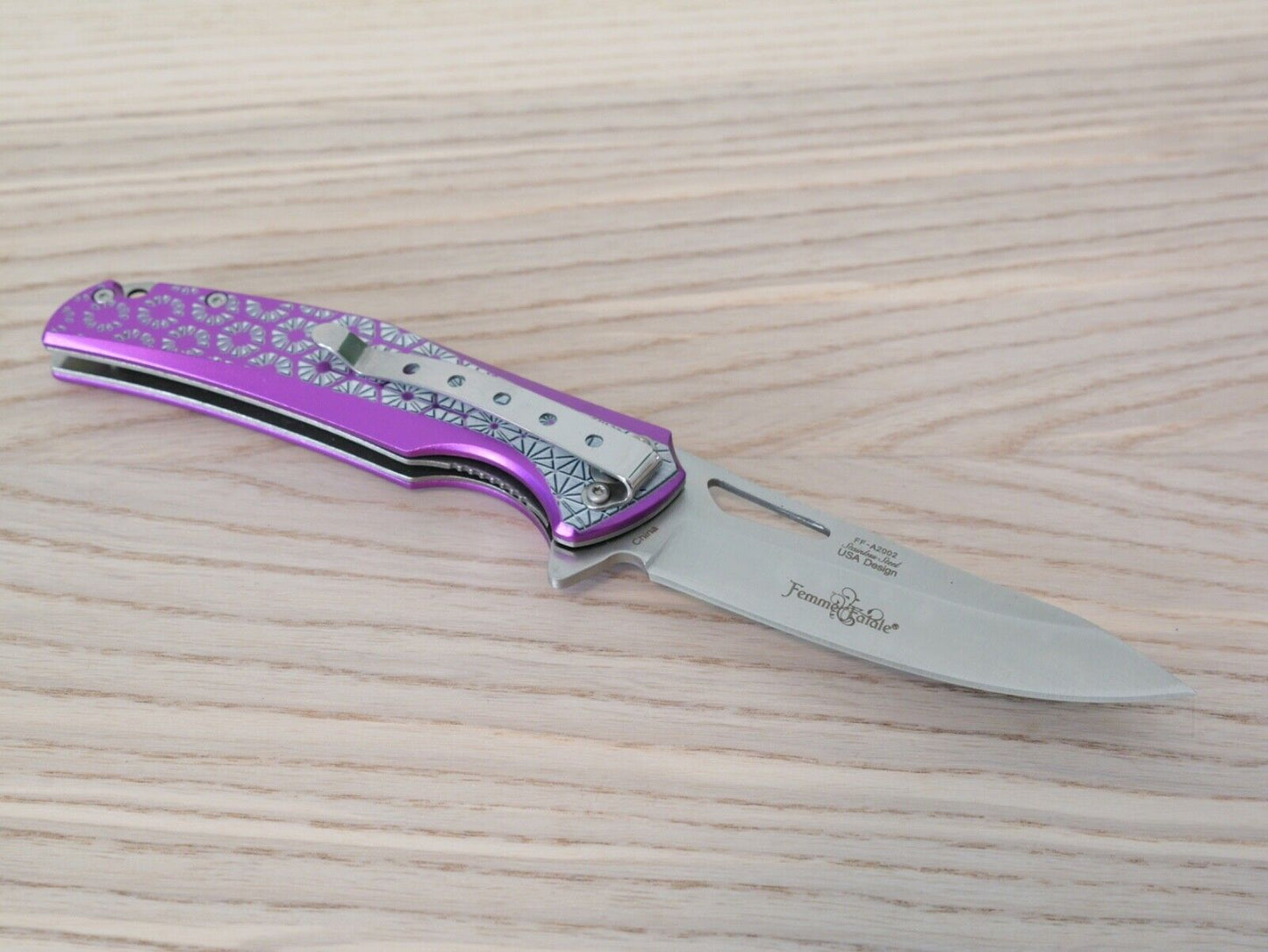 Purple Pocket Knife Spring Assisted Chrome Ladies Self Defense Girly Full Size
