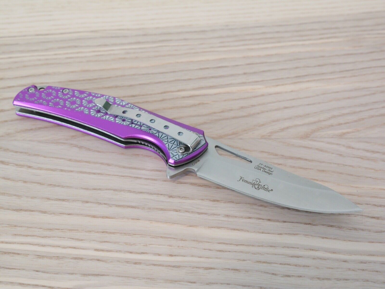 Purple Pocket Knife Spring Assisted Chrome Ladies Self Defense Girly Full Size