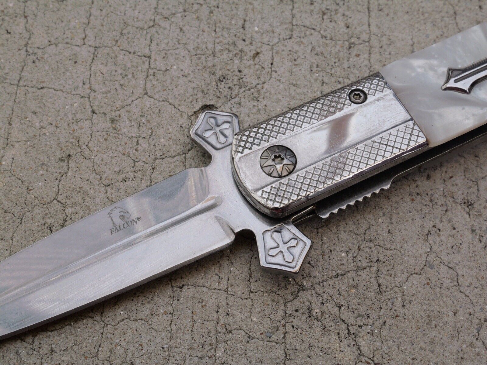 Cross Pocket Knife Full Size Spring Assisted Pearl Handle Spear Point Belt Clip
