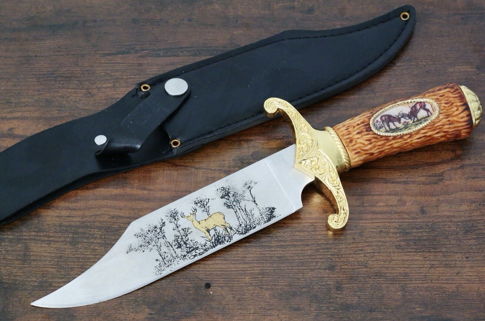 12” Deer Survival Knife American Buck Design Ornate Gold Laser Etch Blade Sheath