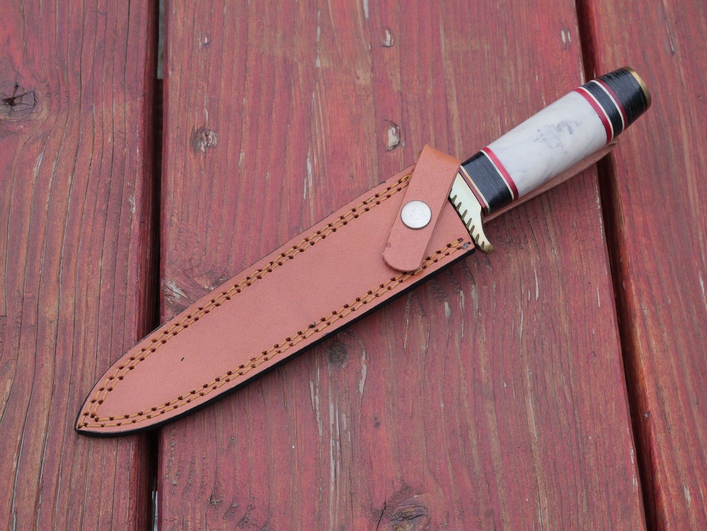 Fixed Blade Knife Dagger Style Spear Point 12” Leather Sheath Brass Resin Handle