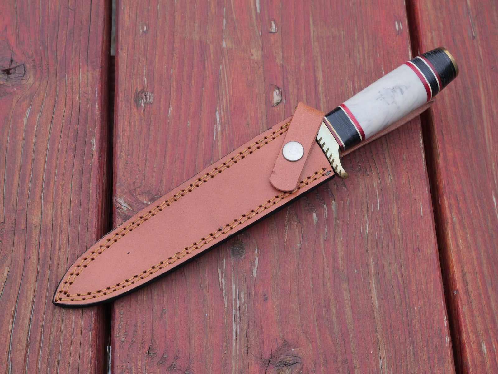 Fixed Blade Knife Dagger Style Spear Point 12” Leather Sheath Brass Resin Handle