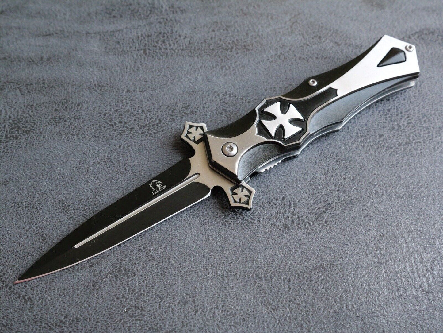 4.5” Cross Pocket Knife Black Full Size Spear Point Chrome Heart Sharp Assisted