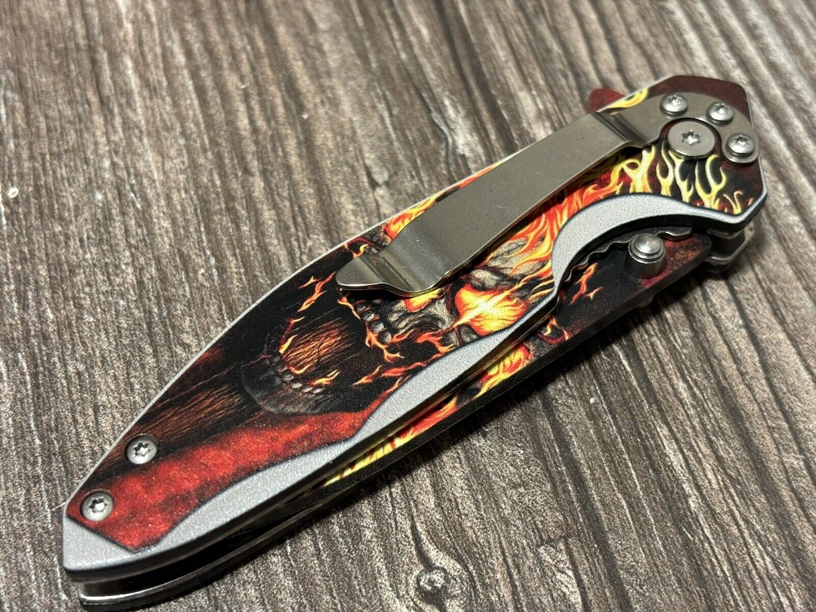 Skull Pocket Knife Flame Belt Clip Spring Assisted Sharp 4.5” EDC Ghost Rider