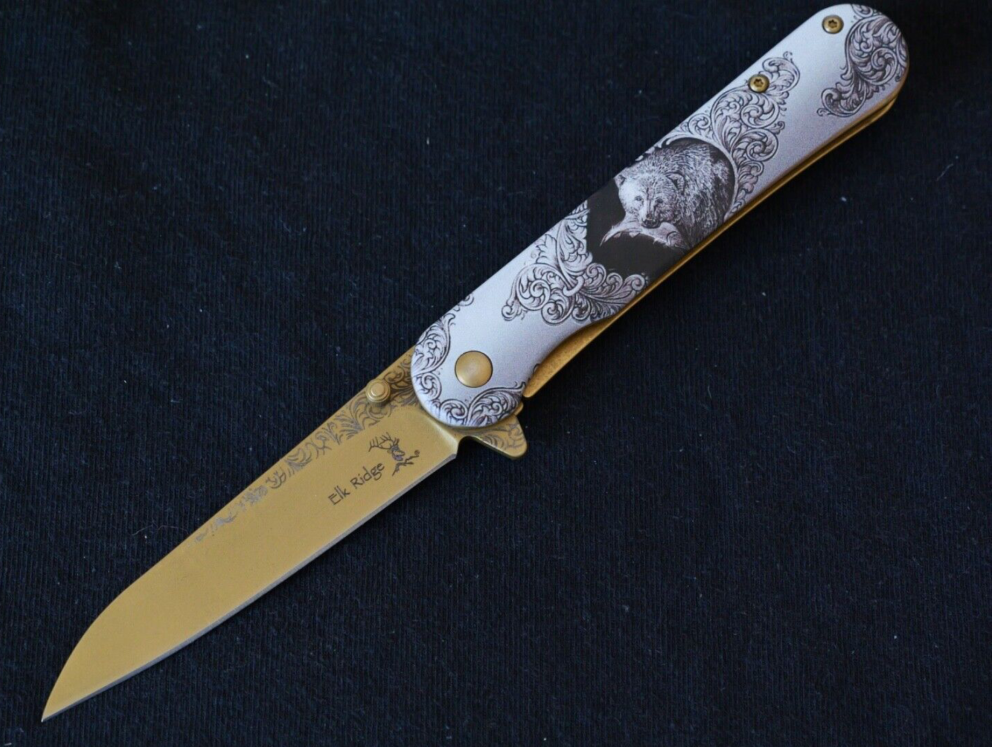 Gold Bear Spring Assist Pocket Knife Victorian Era Grizzly Ornate Full Metal 8”