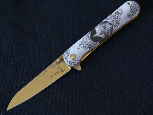 Gold Bear Spring Assist Pocket Knife Victorian Era Grizzly Ornate Full Metal 8”