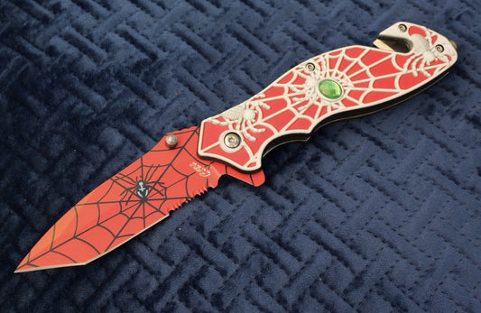 Red Pocket Knife Tanto Spider Web Window Punch Seat Belt Cutter Assisted Sharp