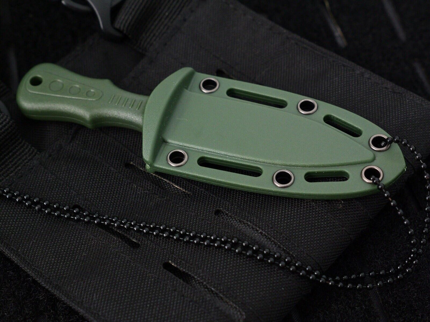 5” Neck Knife Full Tang Spear Point Double Edge Serrated Green Black Ball Chain