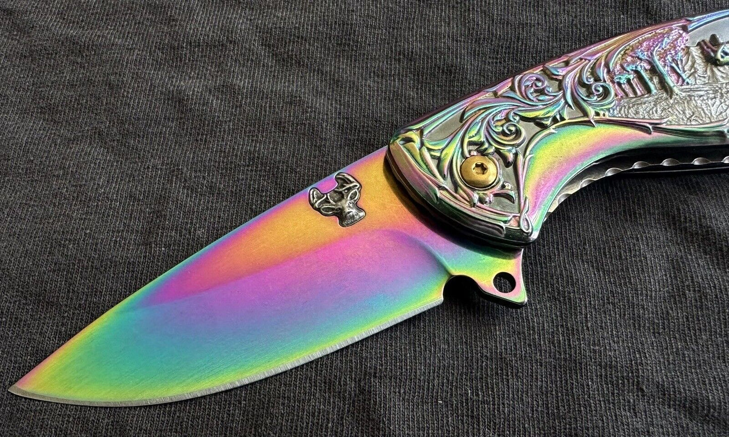 Deer Pocket Knife Metal Handle Rainbow Design Sharp Pocket Clip EDC Full Size