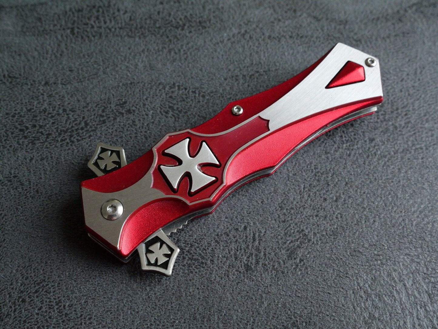 4.5” Cross Pocket Knife Red Full Size Spear Point Chrome Heart Sharp Assisted