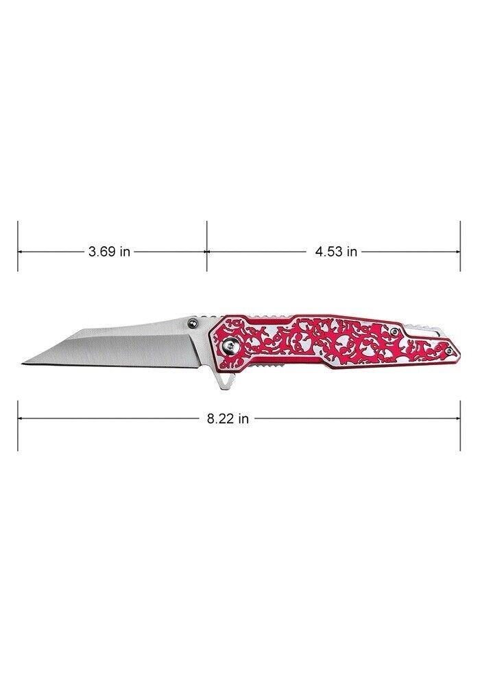 Red Pocket Knife 8” Overall Size M Wharncliffe Blade Full Metal Skulls Assist