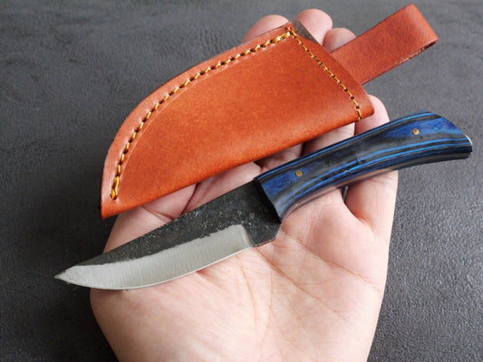 7” Mini Fixed Blade Knife Blue Hand Forged Full Tang Carbon Steel Leather Sheath
