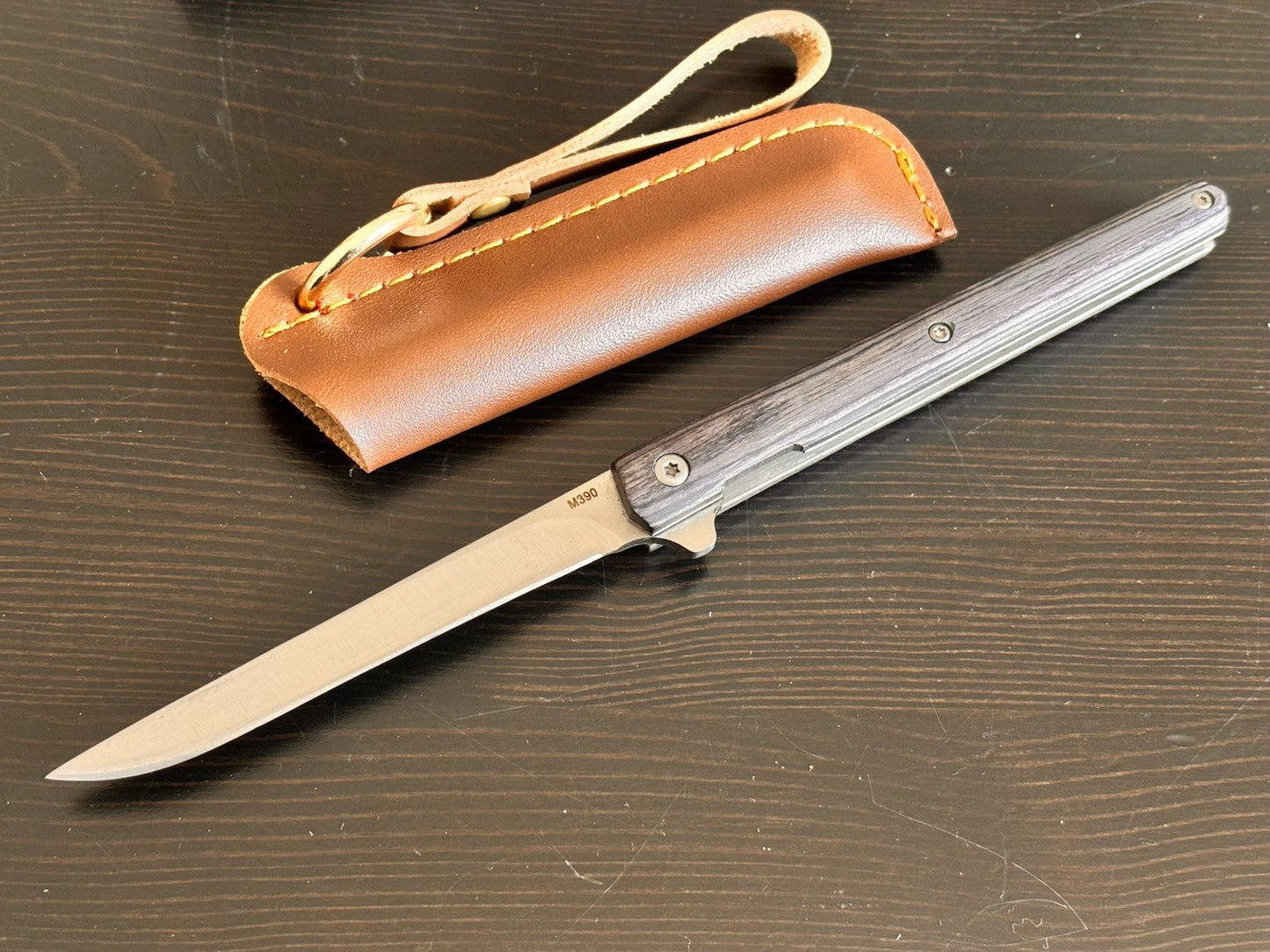Slim Pocket Knife Folding Wood Handle Razor Sharp M390 Steel CEO Leather Sheath