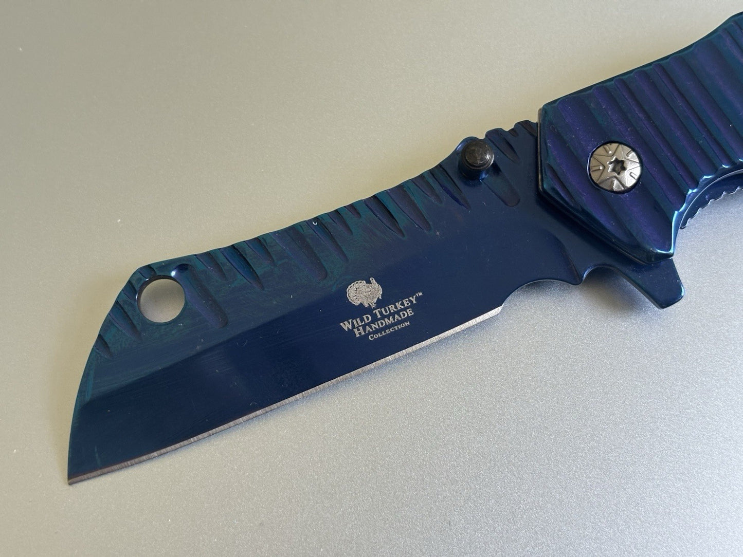 Cleaver Pocket Knife All Metal Blue Handle Spring Assist Frame Lock Heavy Duty
