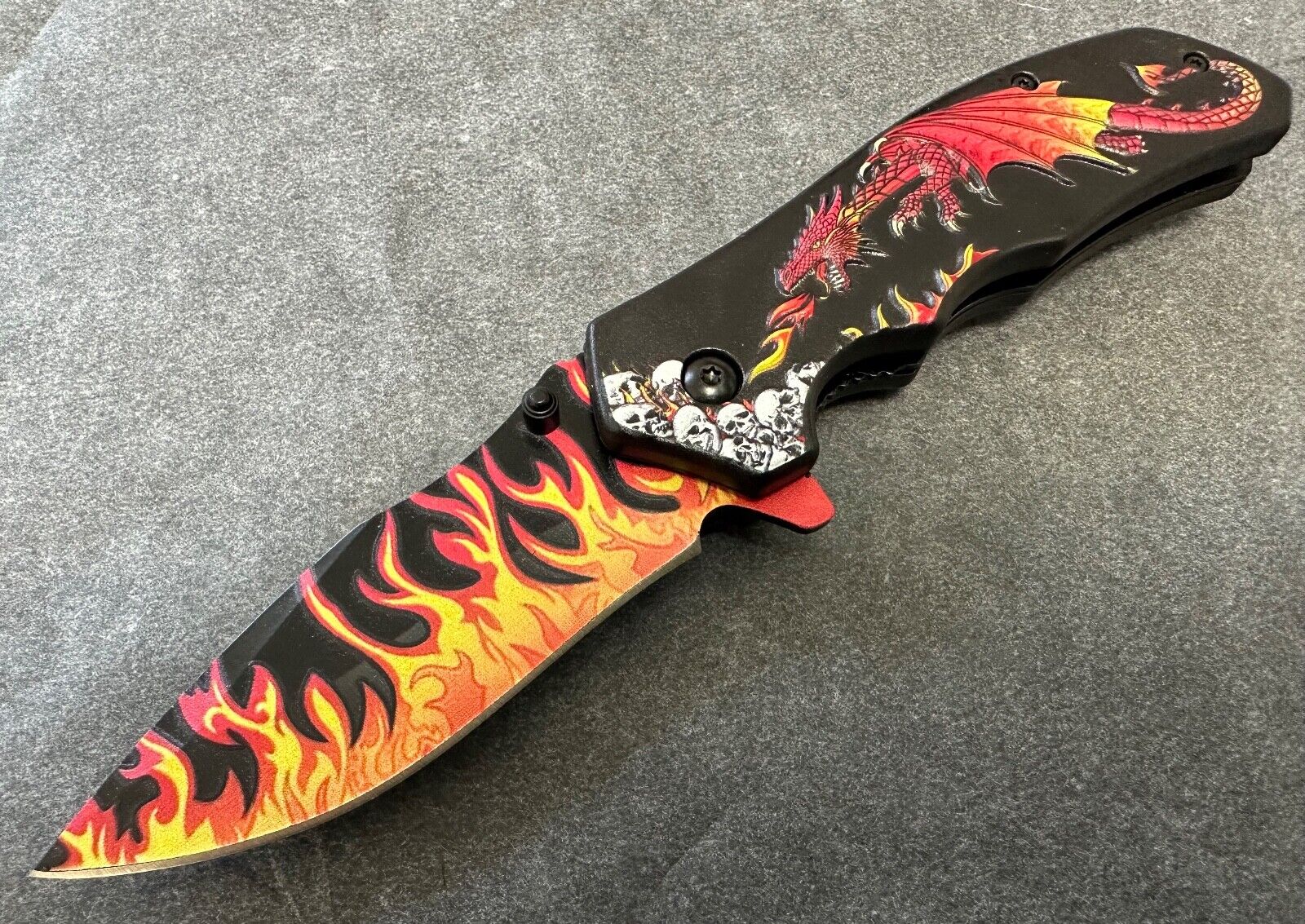 Dragon Red Flame Pocket Knife Folding Full Size 3.5" Blade Skull Fire Tactical