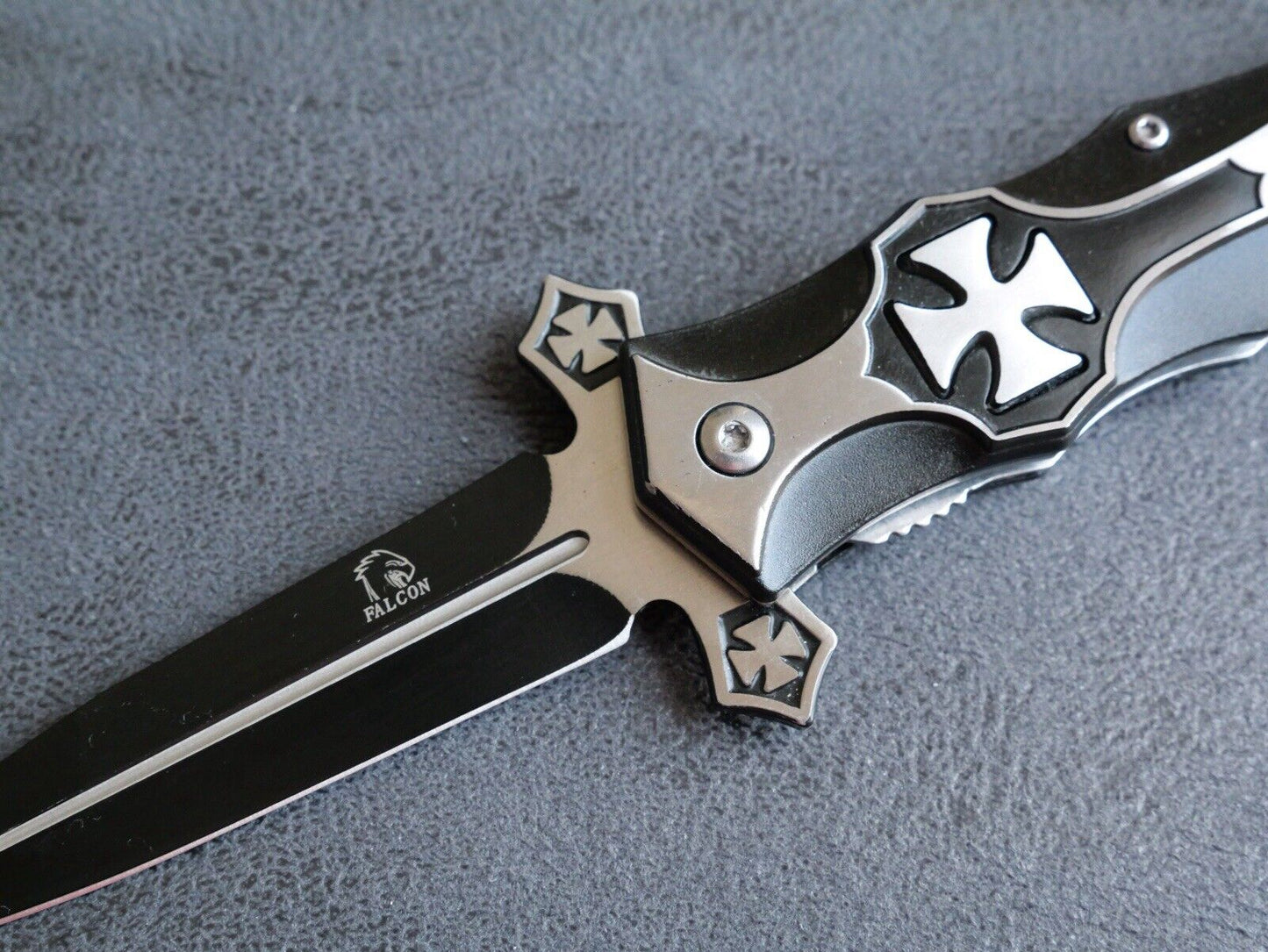 4.5” Cross Pocket Knife Black Full Size Spear Point Chrome Heart Sharp Assisted