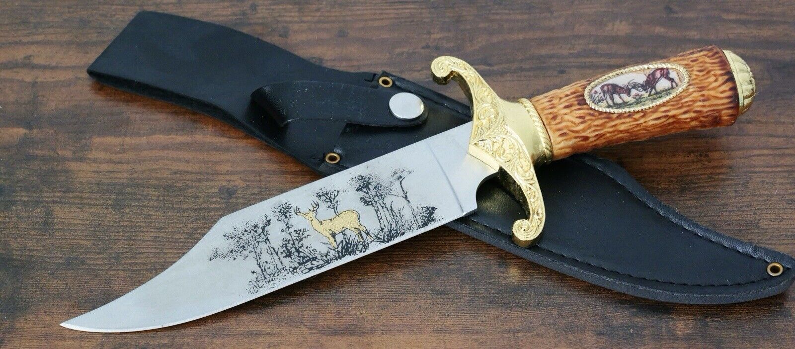 12” Deer Survival Knife American Buck Design Ornate Gold Laser Etch Blade Sheath