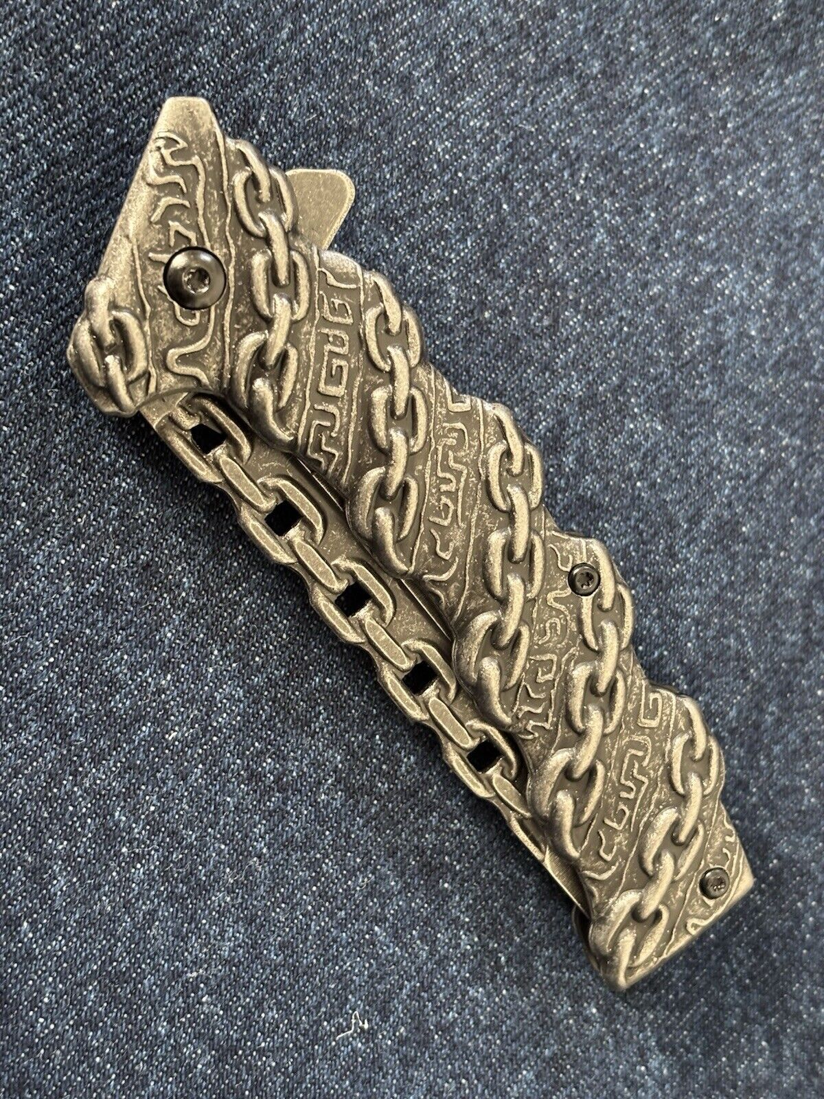 Chain Pocket Knife Rustic Full Size Spring Assist All Metal Sharp Chains Steel