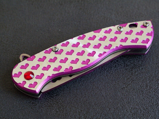 Ladies Pocket Knife Pink Hearts Mini 3.5” Belt Clip Spring Assist Cute Girly Edc