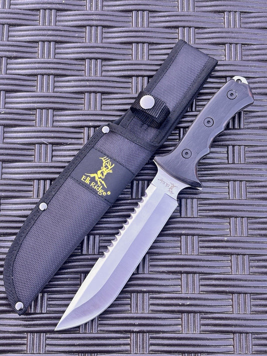 Elk Ridge Knife 12.5” Full Tang Wood Handle Combination Blade Nylon Sheath