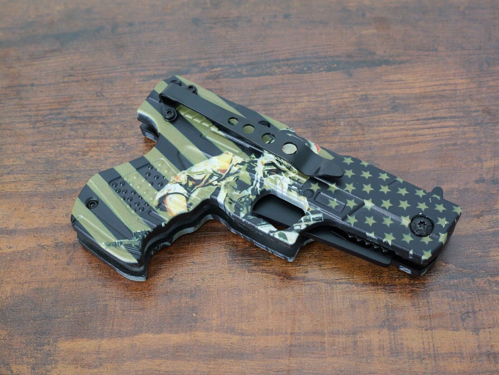 Folding Pocket Knife Pistol Design USA Army 🦅 Pocket Clip 3” Blade Sharp EDC