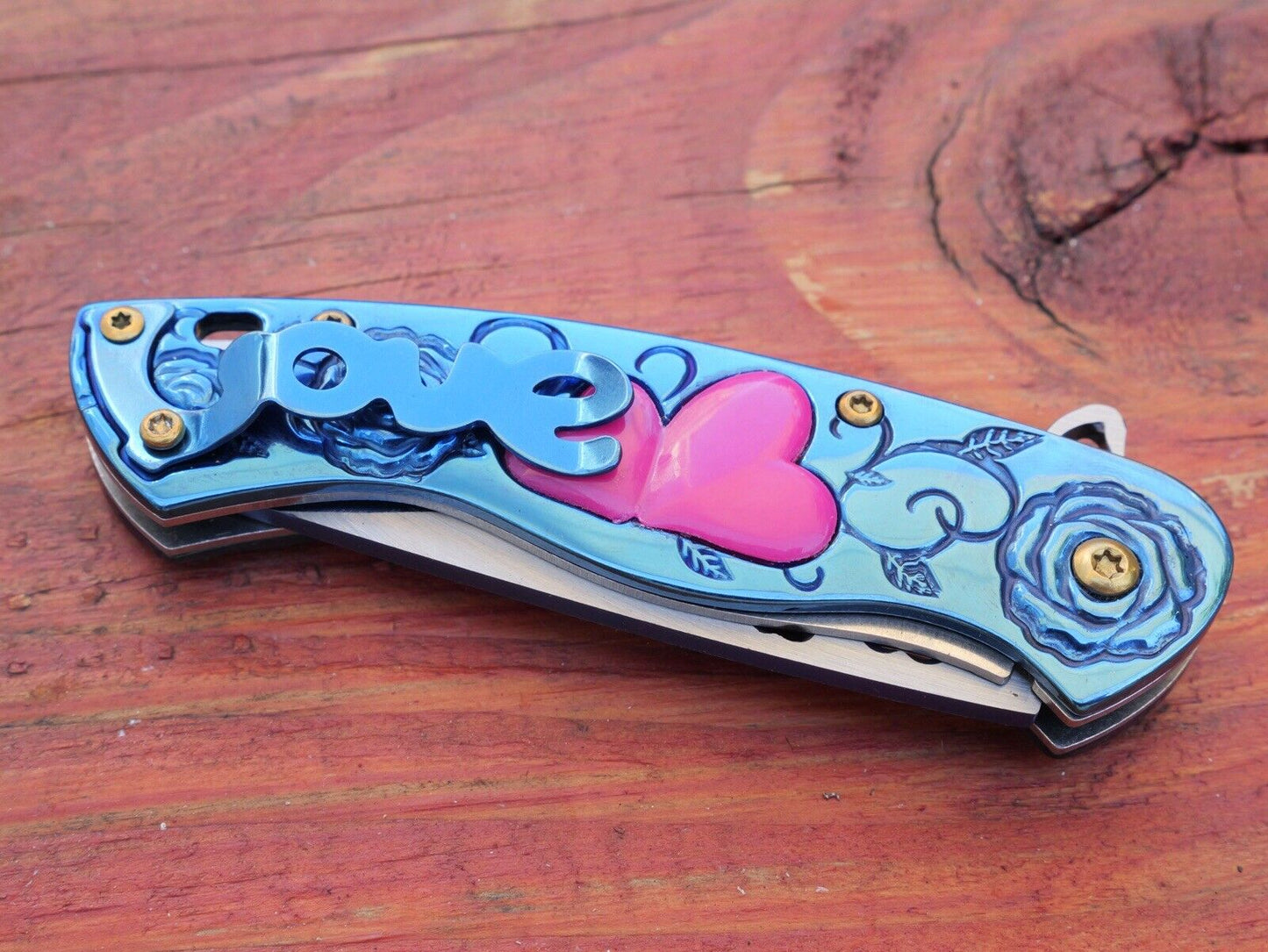 Love Pocket Knife Hearts 💕 Blue Knife Small Folding Girly Chick Sharp Pink 4”