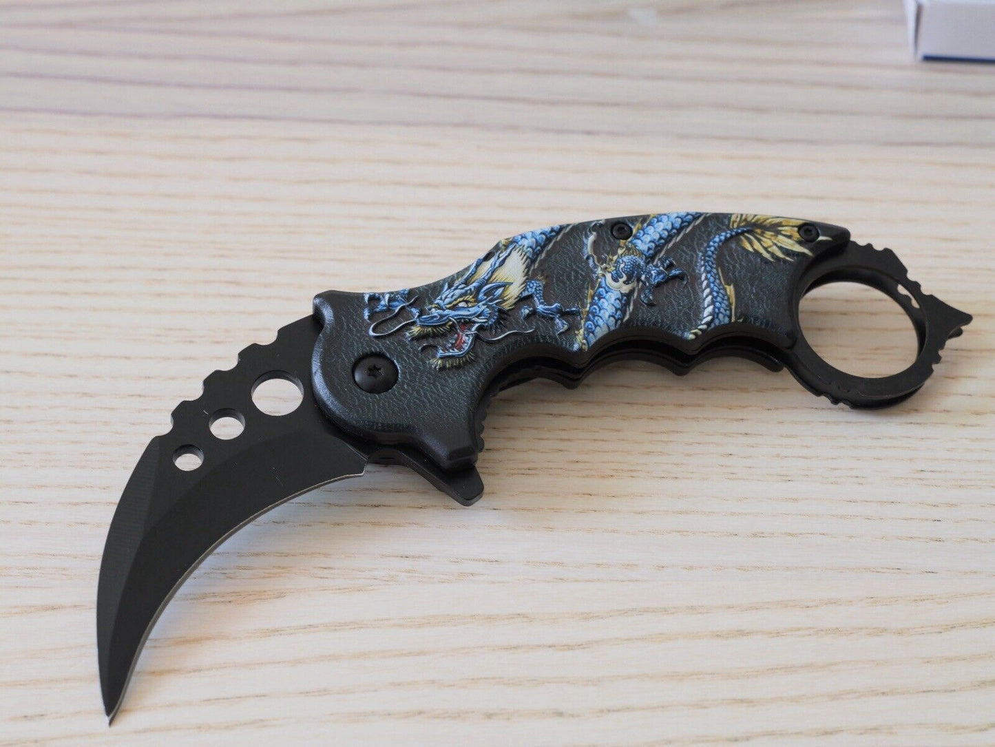 Folding Pocket Knife KARAMBIT Blue Dragon Black Spring Assisted Pocket Clip Edc