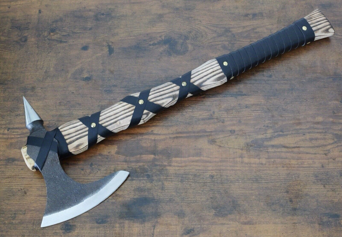 21” Viking Battle Axe Hand Forged Carbon Steel 9x6 Head Battle Ready Sheath Oak