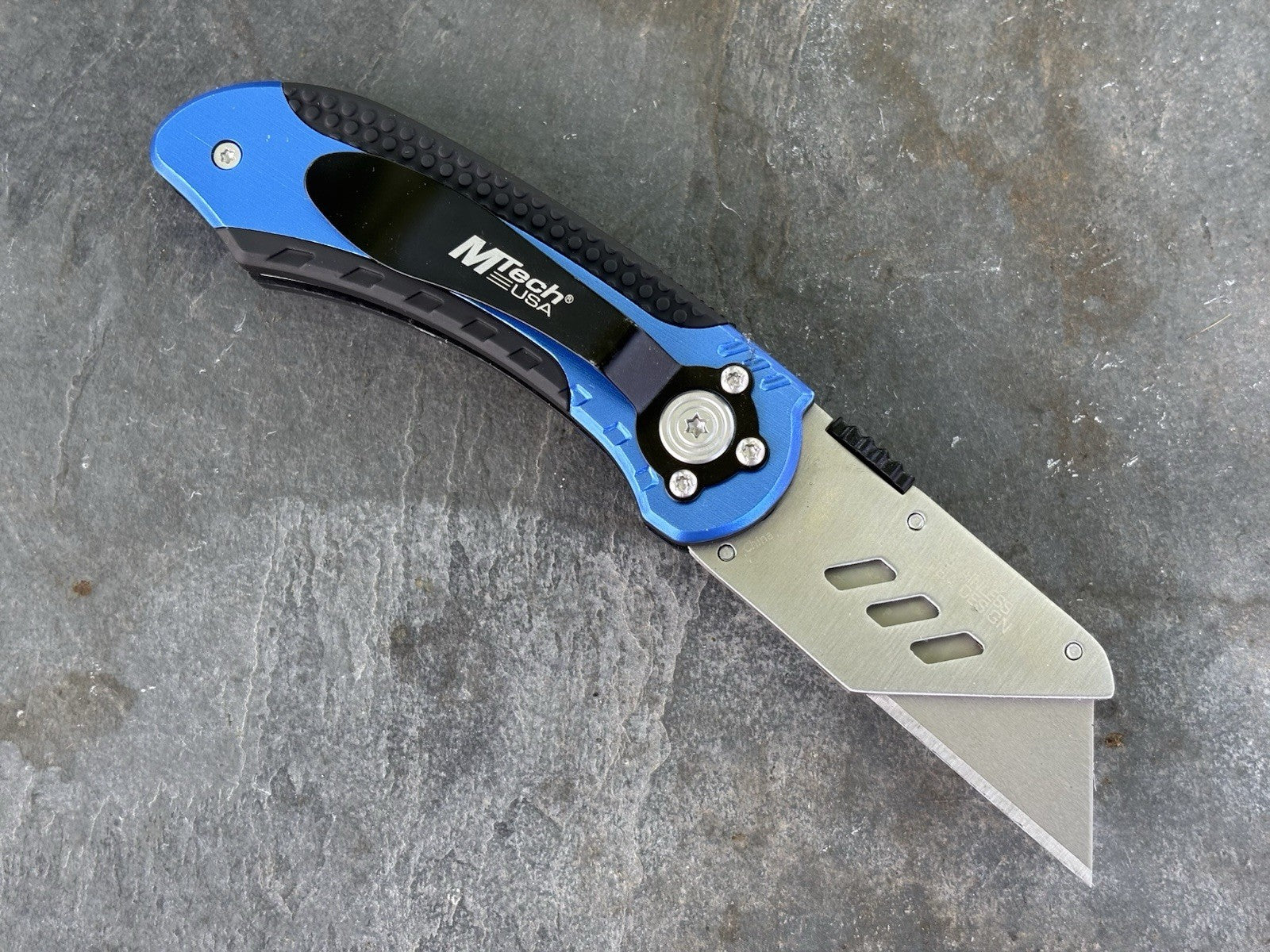 Razor Utility Knife 6” Overall Mtech USA Blue Folding Knife Rubber Grip