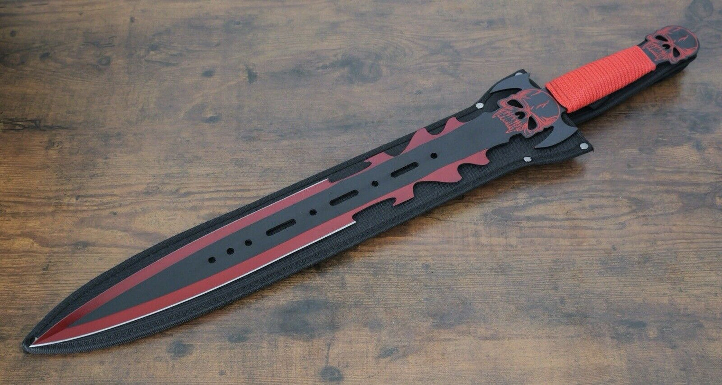 27” Sword Full Tang Red Skull Futuristic Double Edge Spear Point Sheath Nylon