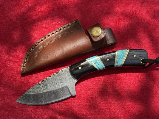 7” Fixed Blade Knife 3” Blade Full Tang Leather Sheath Black Blue Hand Forged 