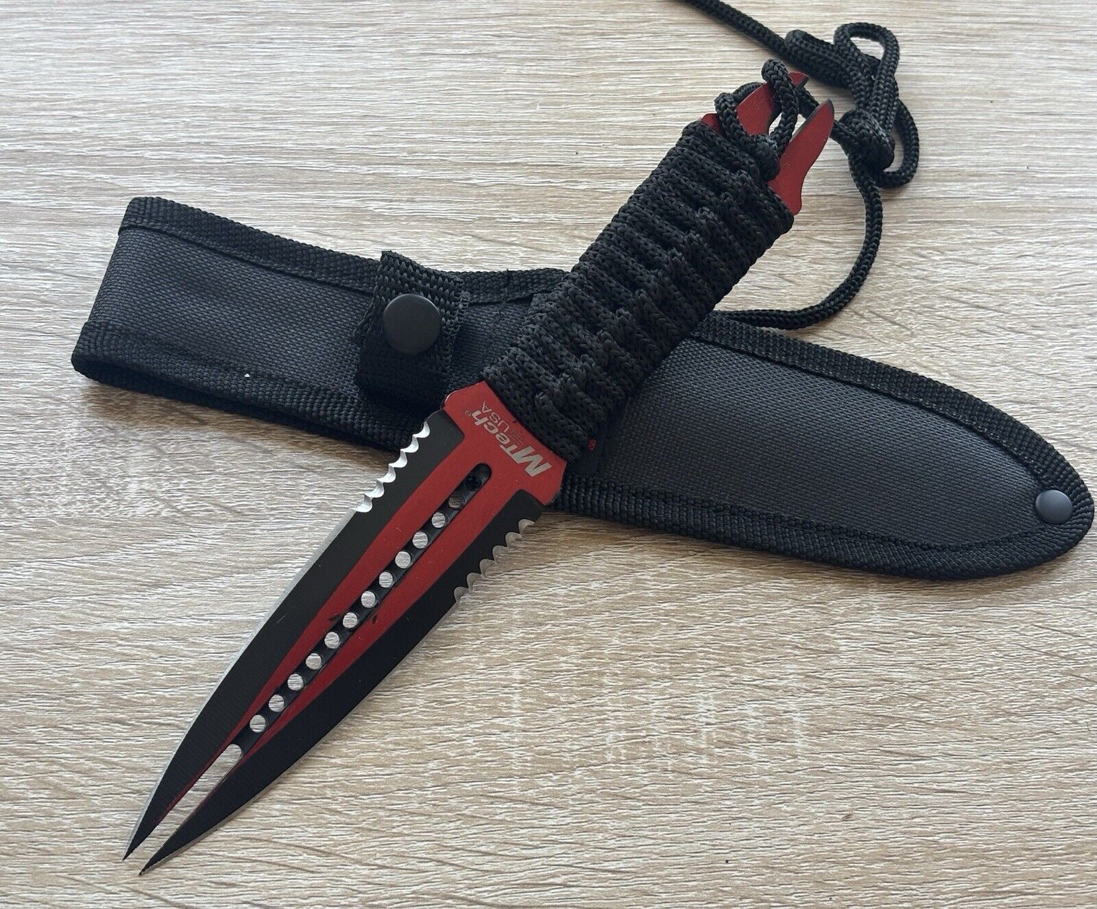 9” Red Stinger Fixed Blade Knife Full Tang Double Edge Sharp Nylon Sheath Cord