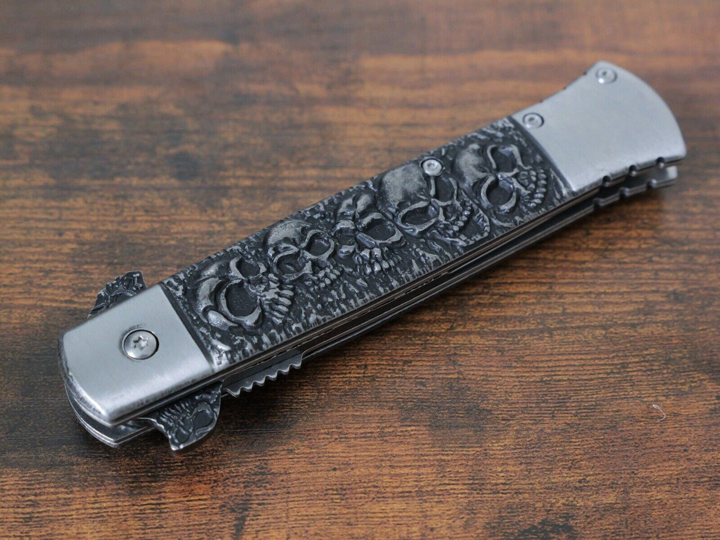 5” Folding Knife Skulls Chrome Full Size Pocket Knife Metal Handle Belt Clip