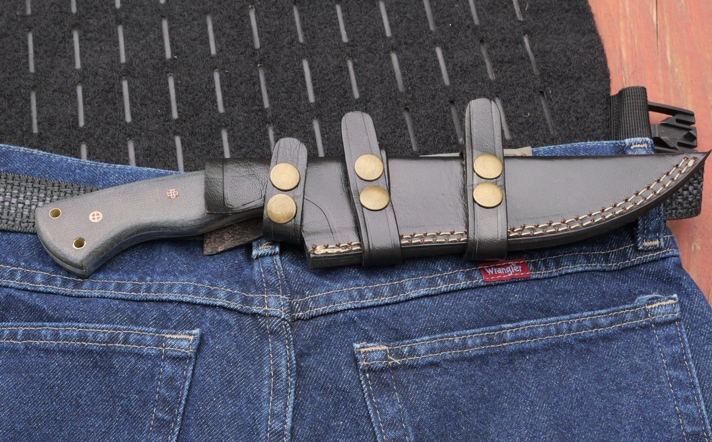 Horizontal Carry Fixed Blade Knife 12 Inches Overall Leather Sheath Black Blade