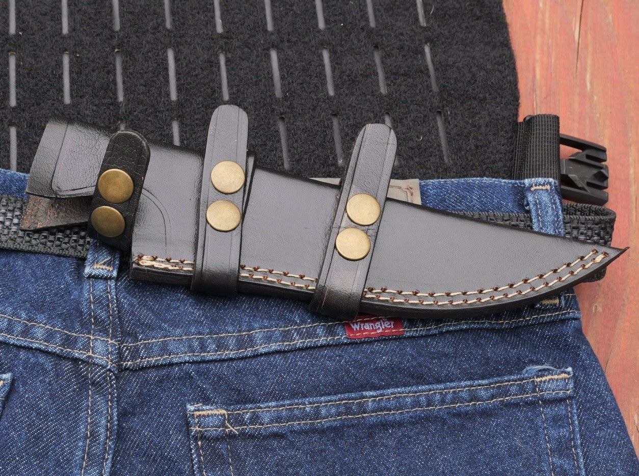 Horizontal Carry Fixed Blade Knife 12 Inches Overall Leather Sheath Black Blade